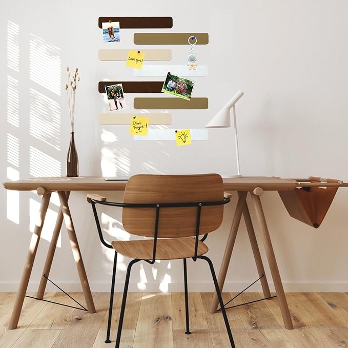 8Pcs Rectangle Felt Cork Board Bar Strips with 35 Pushpins, Self-Adhesive Bulletin Board Strips for Office School Home Wall Decor Stickers Memos Schedules Photos Display -Gradual Brown