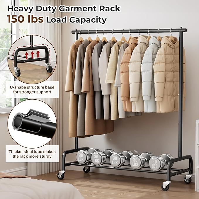 MISSLO Heavy Duty Clothes Rack for Hanging Clothes Rolling Clothing Rack Heavy Duty on Wheels for Coat, Garment, Matte Black (Single Rod)