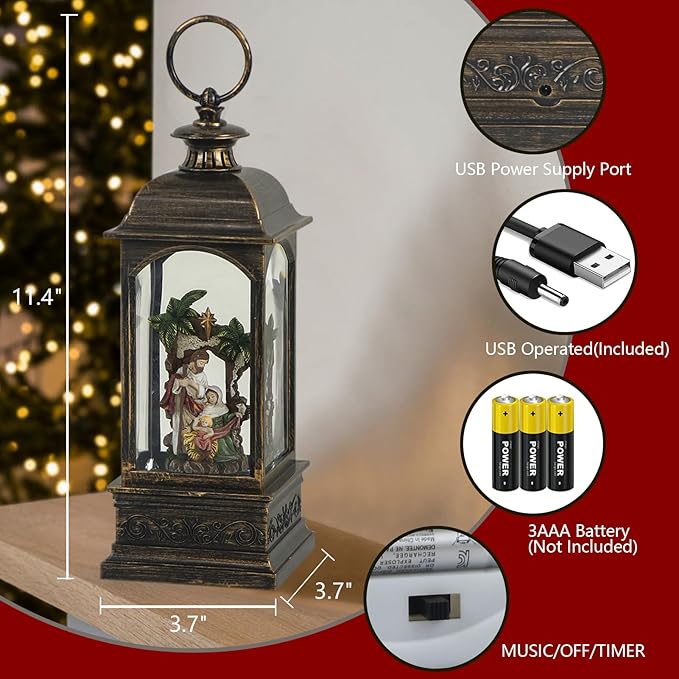 Wondise Lighted Musical Snow Globe Lantern with 6 Hour Timer, USB Powered and Battery Operated Spinning Water and Swirling Glitter Christmas Snow Globe Lantern Gifts(Nativity)
