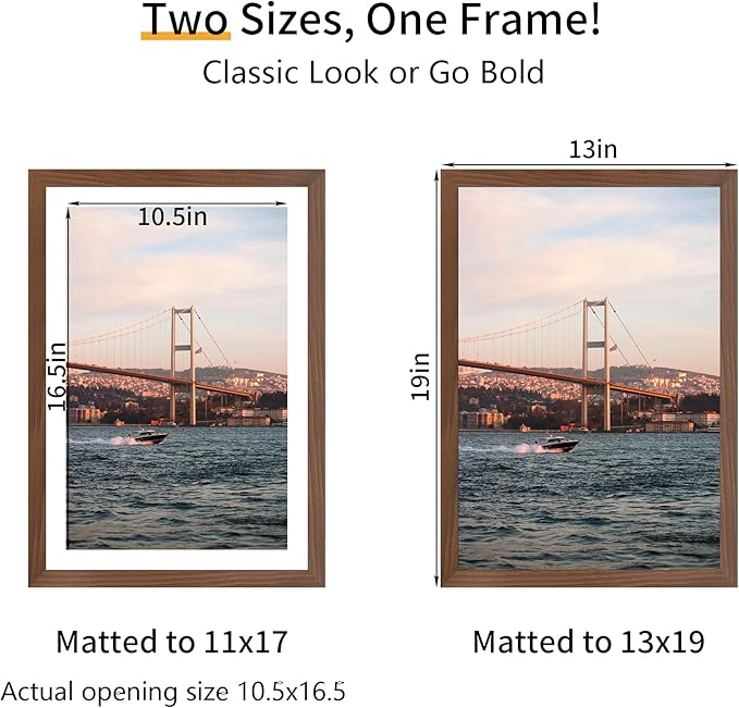 13x19 Picture Frame 3 Pack - Brown Poster Frame Display Pictures 11x17 with Mat or 13 x 19 Without Mat for Wall Hanging Horizontal and Vertical