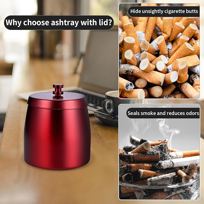 HARTAR Smokeless Ashtrays for Cigarettes Indoor, Ash Tray Sets Outdoor Windproof Cute Home Large Funny Metal Outside Ashtray with Lid for Cigarettes Butt Can for Outside Patio, Red, Large
