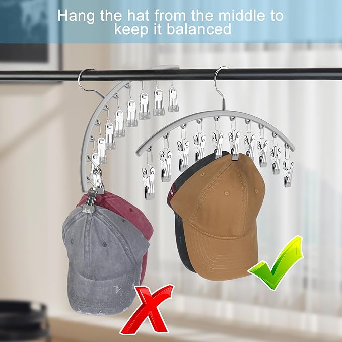 Hat Hangers for Closet, Metal 2 Pack Hat Organizer Holder for Hanger Closet Display, Hat Racks for Baseball Caps w/10 Clips, Hat Holder for Ball Caps & Accessories, for Men Women, Grey