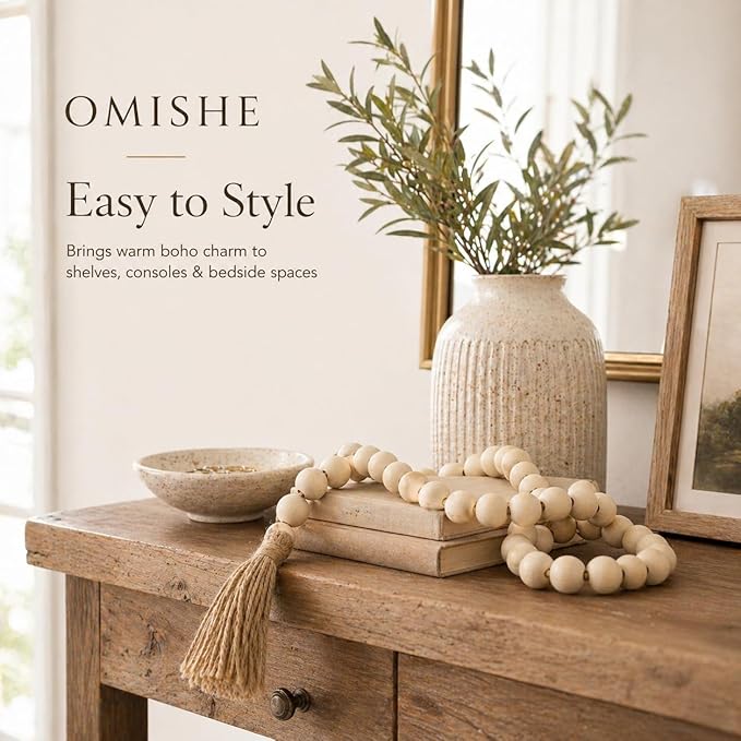 OMISHE 60" Long Extra Large Wood Bead Garland with 1.6" Diameter Wooden Beads and Tassels, Rustic Farmhouse Country Decorative Beads for Home Decor Tiered Tray Decor, Natural Beige