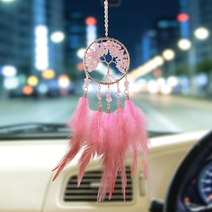 Pretty Jolly Small Tree of Life Crystal Stone Dream Catchers Pink Feathers Mini Dreamcatchers for Cars Rear View Mirror Hanging Decoration Good Luck Travel Charm Bedroom Ornaments for Women Girls