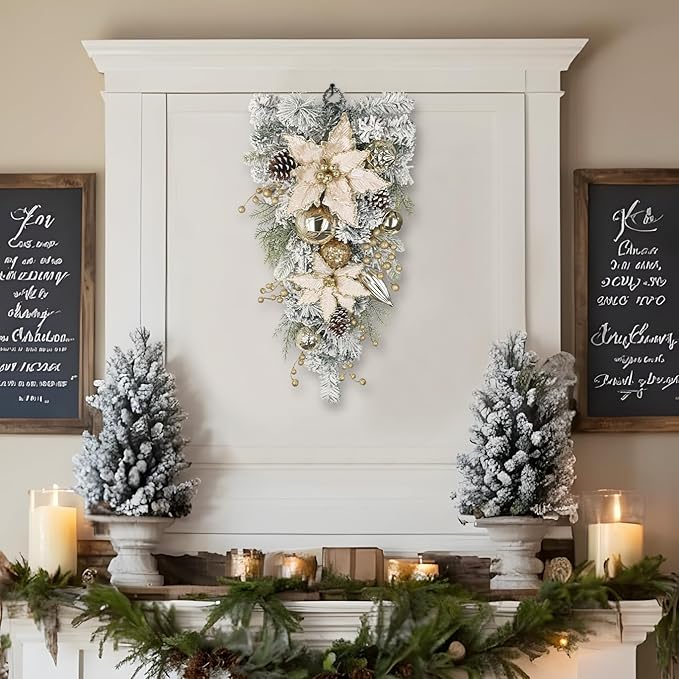 27.5" Artificial Christmas Teardrop Swag with Champagne Poinsettia, Pine Cones, Berries & Ornaments, White Cedar Branch Base for Christmas Thanksgiving Winter Holiday Front Door and Wall Decoration