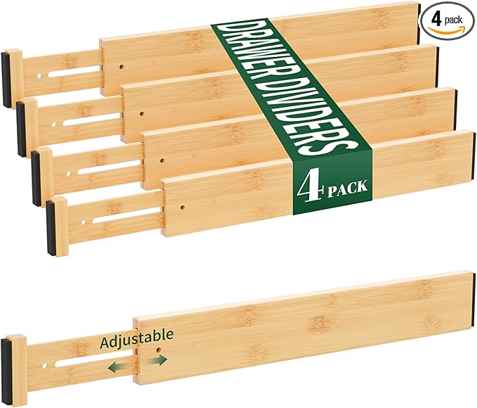 4 Pack Bamboo Drawer Dividers 2.6" High,Adjustable Spring Loaded Clothes Drawer Organizers for Kitchen, Dresser, Bathroom, Bedroom and Office