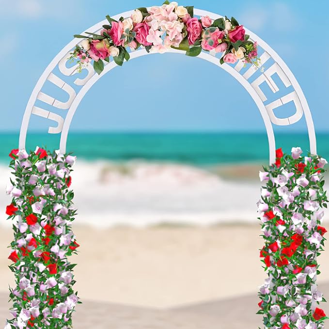 LIFKOME Wedding Arch Flowers Rustic Artificial Rose Flower Swag Door Wreath for Lintel Home Wall Decor 28X6X3 Inches Pink Green Leaves