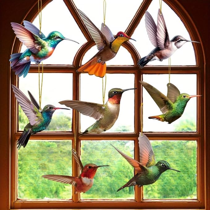 Bird Acrylic Hanging Ornament - 8Pcs Flying Birds Christmas Tree Ornaments, Xmas Tree Ceiling Pendants with Lanyard Tote Rearview Mirror Window Charms Gift for Men Women (Hummingbird 2)