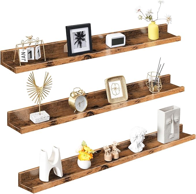 HOOBRO Floating Shelves, Wall Shelf Set of 3, 47.2 Inches Hanging Shelf with Raised Edge and Invisible Brackets, for Bathroom, Bedroom, Kitchen, Office, Living Room Decor, Rustic Brown BF92BJ01