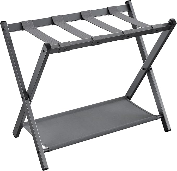 SONGMICS Luggage Rack for Guest Room, Suitcase Stand with Storage Shelf, Steel Frame, Foldable for Easy Storage, Hotel, Bedroom, Slate Gray URLR003G01