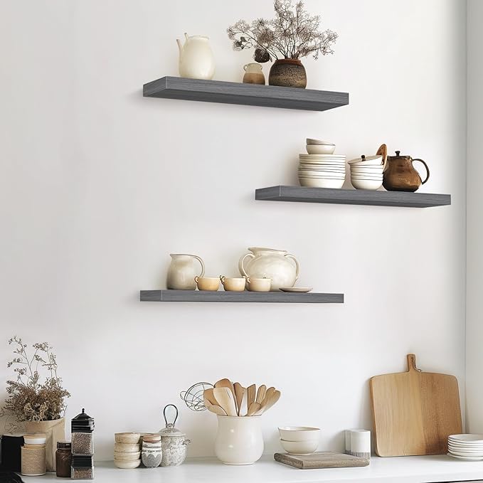BAYKA Floating Shelves for Wall, Set of 3, 22.5 Inches Wall Mounted Rustic Wood Shelves for Bathroom, Bedroom, Living Room or Kitchen Decor, Storage for Books, Lego, Plants, Gray