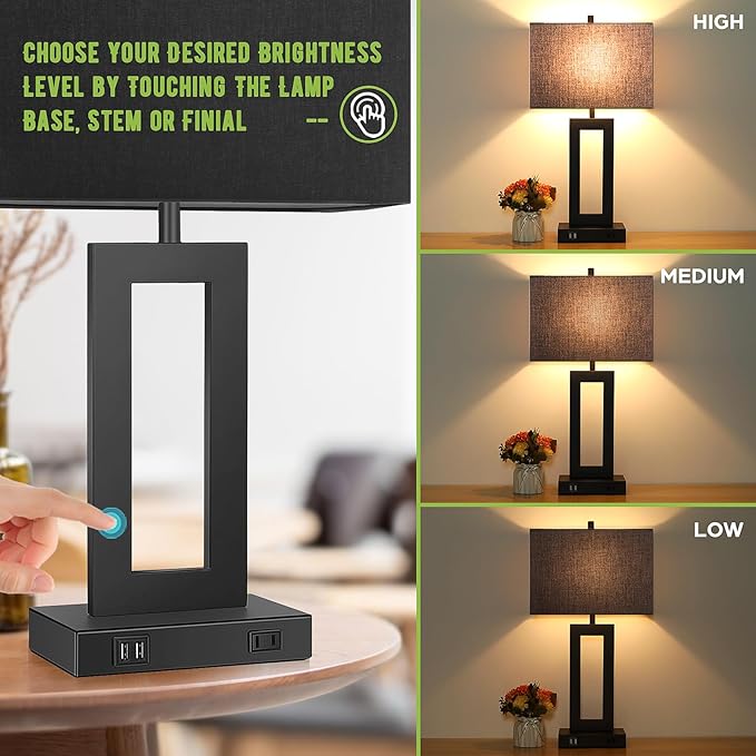Set of 2 Touch Control Table Lamps with 2 USB Ports&AC Outlet, 3-Way Dimmable Modern Nightstand Lamp Sets, Bedside Black Lamps for Bedroom Living Room End Tables Reading, Bulbs Included, Black Shade