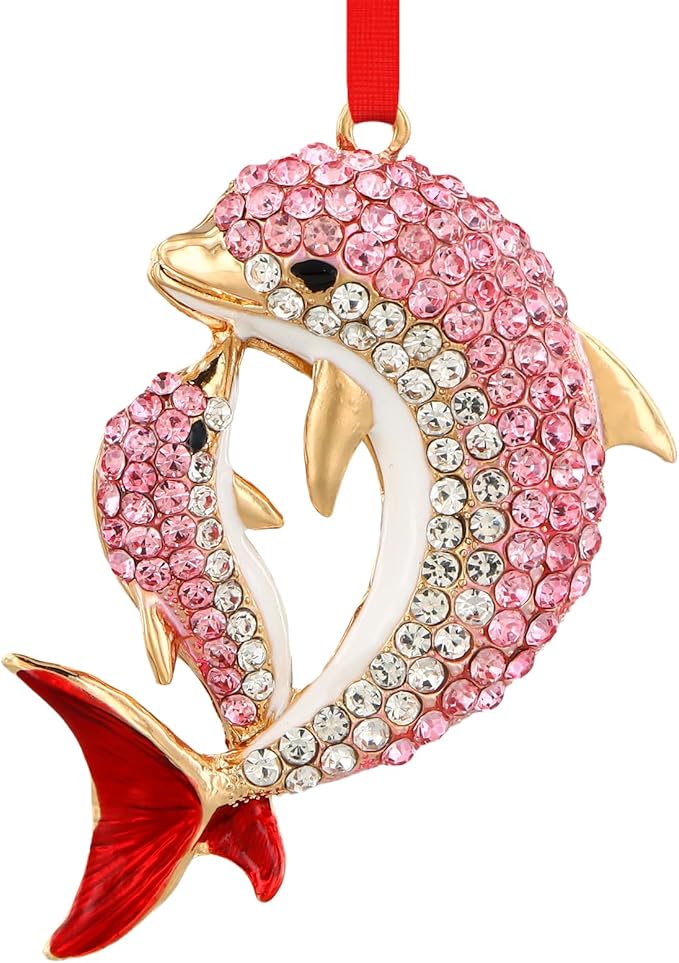 SICOHOME Dolphin Ornaments for Christmas Tree - Coastal Sea Ocean Hawaii Beach Themed Christmas Hanging Ornament with Rhinestones for Christmas Tree Gifts for Ocean Lover, Nautical Enthusiast - Pink