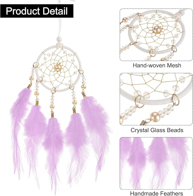 uxcell 2pcs Dream Catchers, Small Handmade Feather Dreamcatcher Supplies Car Charm with Crystal Beads Wall Hanging Decor for Home Car Decoration Ornament Women Friend Gift, Light Purple