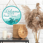 Beach House Welcome Sign Decor, Summer Beach Hanging Sign Decor Farmhouse Wall Decorations Wood Sign for Front Door, Patio, Porch, Housewarming Gift for Beach House Home, Welcome to Our Beach House