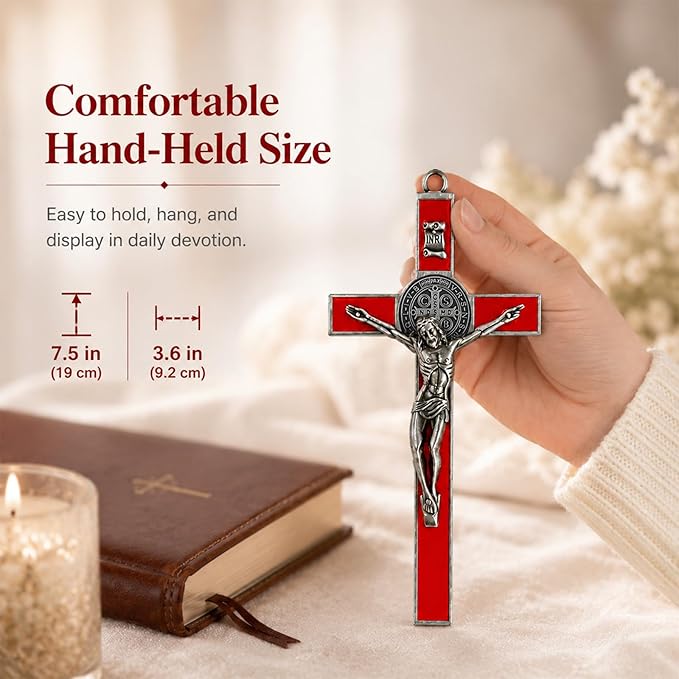 TALPGOD St Benedict Crucifix Silver Red 7.2 Inch,Crucifix Wall Cross for Catholic Decor,Jesus Christ Hanging Cross Wall Art Decor,Escapularios Catolicos,Saint Benedict Medal for Home Decoration