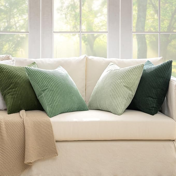 MIULEE Boho Farmhouse Sage Green Throw Pillow Covers 20x20 Inch Set of 4 Mordern Nordic Cushion Covers Soft Corduroy Spring Home Decor for Couch Bed Sofa Living Room Forest Green