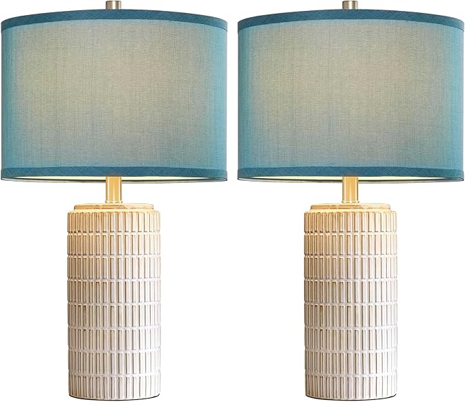 AIEAMPDO 23" Set of 2 Nautical Ceramic Nightstand Table Lamps, Blue | Side Table Lamps For Bedroom, Bedside, Living Room, Dining Room And Office, 2 LED Bulbs Included