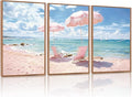 KAlRNE Summer Pink Beach Framed Canvas Wall Art Set of 3(16”X24”),Seascape Coastal Surfing Wall Decor,Modern Nature Ocean Art Prints For Living Room Bedroom Office