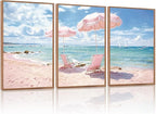 KAlRNE Summer Pink Beach Framed Canvas Wall Art Set of 3(16”X24”),Seascape Coastal Surfing Wall Decor,Modern Nature Ocean Art Prints For Living Room Bedroom Office