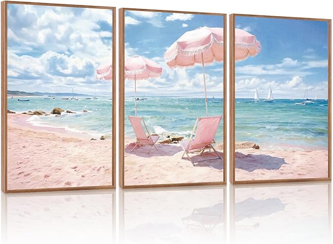 KAlRNE Summer Pink Beach Framed Canvas Wall Art Set of 3(16”X24”),Seascape Coastal Surfing Wall Decor,Modern Nature Ocean Art Prints For Living Room Bedroom Office