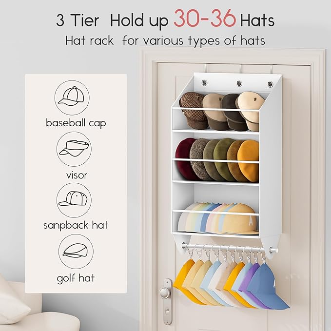 Over the Door Hat Rack - 3-Layer Design Hat Organizer Holds 30-36 Hats with 10 Hooks, Ideal Hat Rack for Door, Over the Door Organizer for Closet, Apartment, Bedroom, Dorm, 1 Pack, White