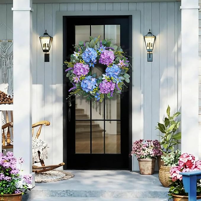 24 Inch Spring Summer Wreaths for Front Door - Blue & Purple Hydrangea Spring Door Wreath, Monet-Inspired Floral Decor with Hydrangea and Clematis for French Country, Spring and Summer, Indoor Outdoor