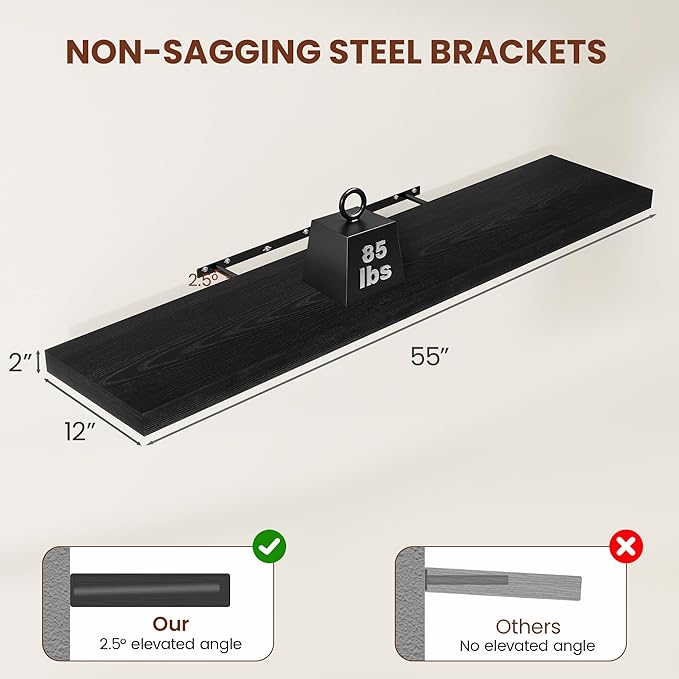 Vivelove 2" Thick Floating Shelves for Wall 55 Inches Long, 12" Deep Wall Shelves, for Bedroom, Bathroom, Living Room, Kitchen, Office, Modern Home Decor, 55" X 12" X 2", Set of 2, Black