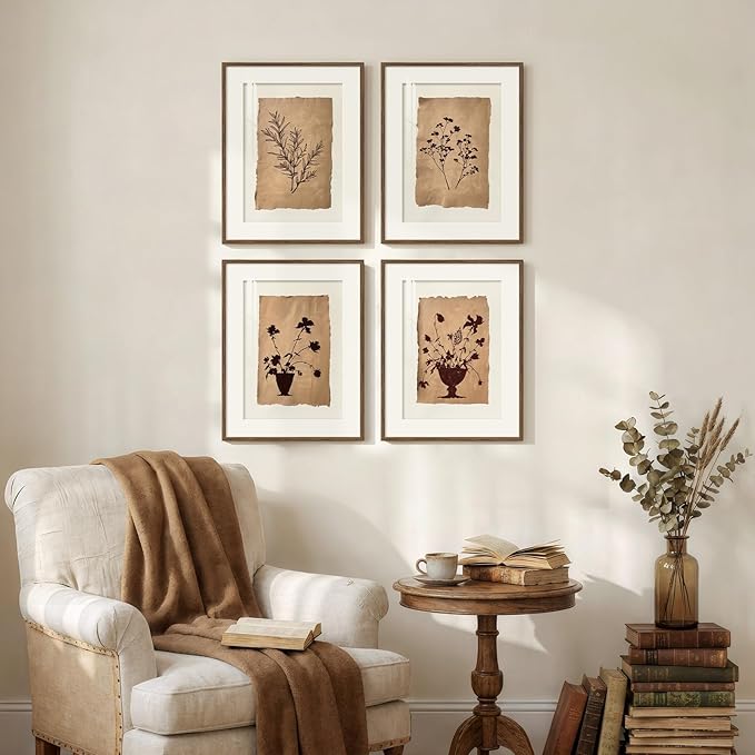 Framed Vintage Botanical Wall Art for Bedroom, 4 Piece Floral Brown Farmhouse Bathroom Picture Prints, Neutral Rustic Minimalist Botanical Artwork for Dining Room Fireplace Apartment Walls, 11x14 In