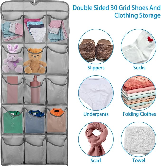 2Pcs 30 Large Pockets Dual Sided Hanging Shoe Organizer for Closet Shoe Storage Shelves with 360 Rotating Hanger Space Saving Storage Bag Hanging Shoe Rack for Bedroom Laundry Room,Gray