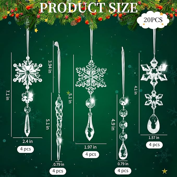 20pcs Christmas Ornaments Christmas Tree Decorations Hanging Acrylic Snowflake Icicle Crystal Ornaments with Drop Pendarts for Christmas Decorations Indoor Xmas Tree Winter New Year Party Supplies