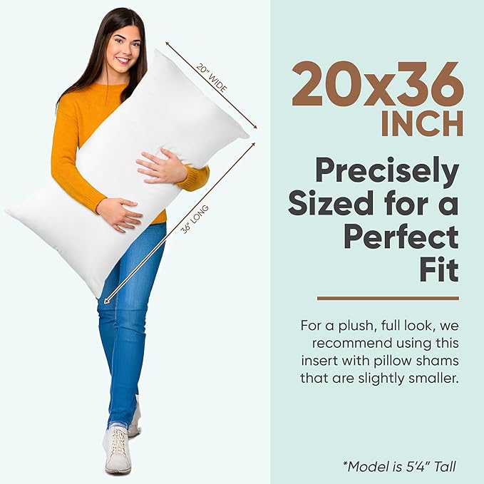Pillowflex Synthetic Down Pillow Insert - 20x36 Down Alternative Pillow, Ultra Soft King Bed Sleeping Pillow, Large Rectangle Sham - 1 Decorative Pillow Form