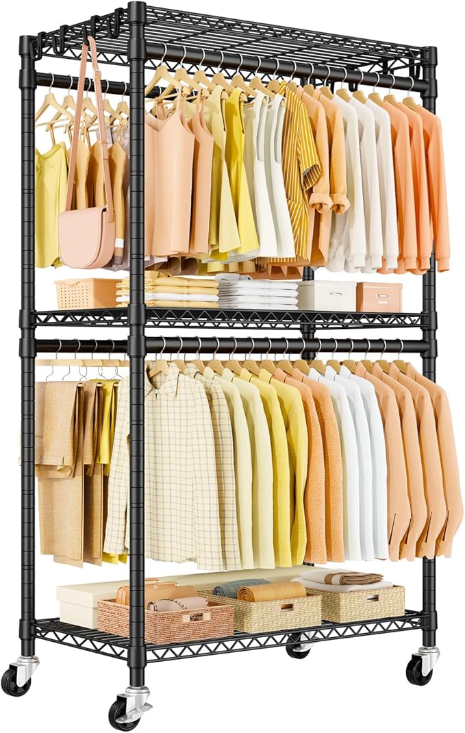 P5 Rolling Clothes Rack Heavy Duty, Clothing Racks for Hanging Clothes, Metal Garment Rack with Wheels, 3-Tier Portable Closet Rack 39.4'' W × 20.5'' D × 80.5'' H, Max Load 650 Lbs, Black
