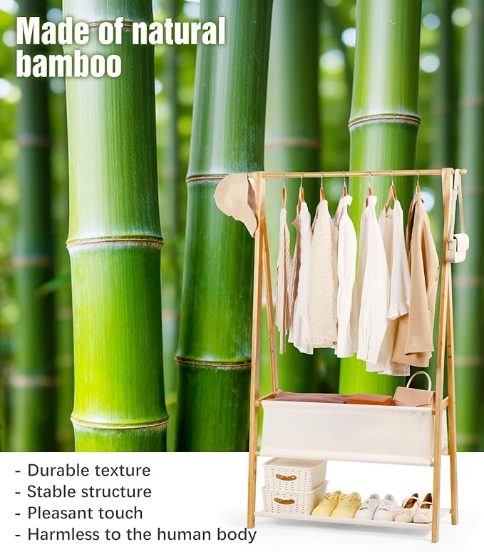 Bamboo Clothes Rack with Storage Box and Storage Shelf, Portable Extra Large Garment Rack Clothing Rack, Foldable Wardrobe For Entryway and Bed Room (M - 39.4 Inch)