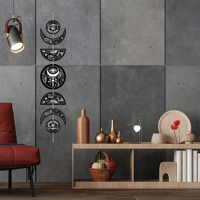 CREATCABIN 7Pcs Eyes Hands Moon Cycle Decor Boho Ornament Half Round Wood Pendant Moon Phase Decoration Halloween Ramadan Home Art Wall Hanging for Bedroom Farmhouse Gallery Apartment Bar 37.1x6.3in