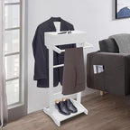 Wooden Suit Stand with Top Tray, Hanging Rod, Shoe Rack, Drawer, and Hanger, Freestanding Clothes Rack for Living Room, Entryway, Bedroom, Office (White)