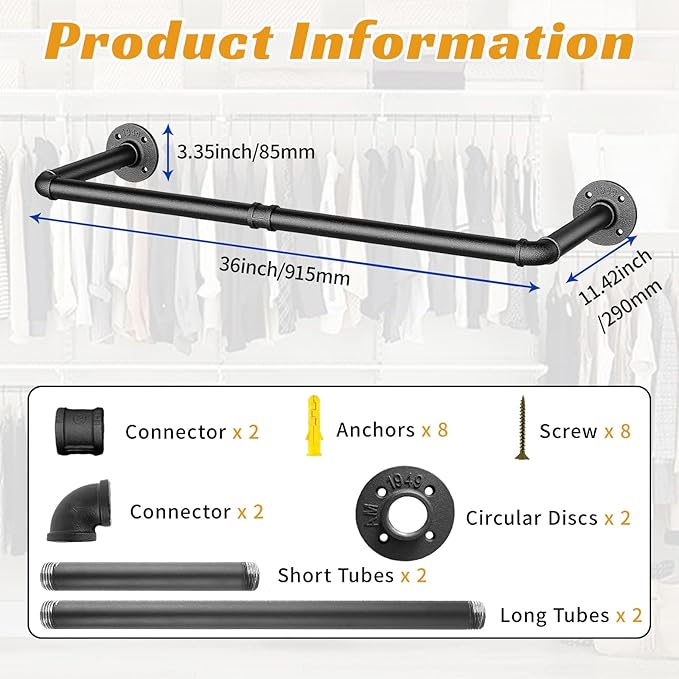 36 INCH Clothes Rack Wall Mounted, Industrial Pipe Garment Rack, Multi-Purpose Clothing Rod for Closet, Laundry Room, Retail Display, Black