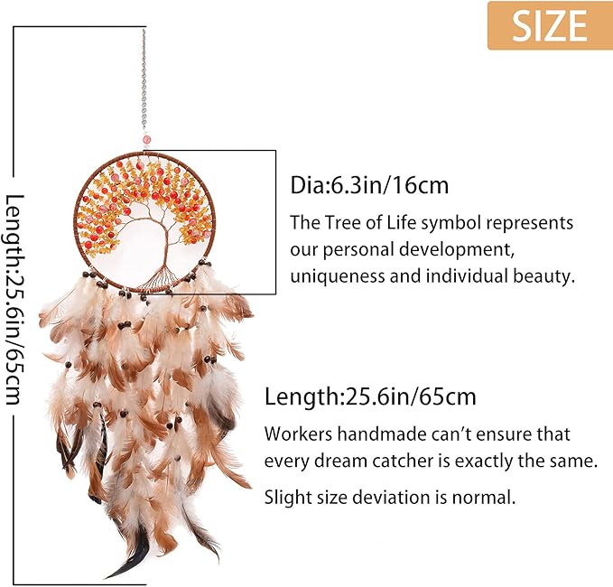 Pretty Jolly Brown Tree of Life Dream Catcher Wall Decor with Healing Crystal Stone Handmade Feather Dream Catchers Decoration Wall Hanging Bedroom Living Room Wedding Party Home Decor-25.6"