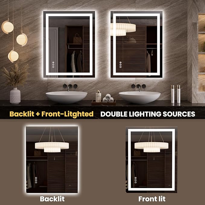 LOAAO 27.6"x35.4" LED Mirror for Bathroom, Lighted Bathroom Mirror with Lights, Anti-Fog, Dimmable, Memory Function, Clear Reflection