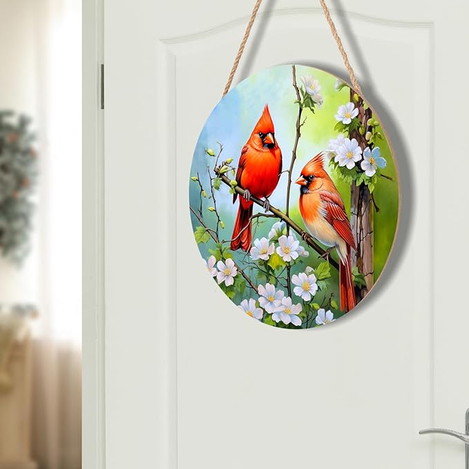 Harooni Spring Summer Cardinal Welcome Door Sign for Front Door Decor,Spring Pink Floral Round Wood Hanger Wreath for Outside Farmhouse Wooden Wreath for Porch Wall Hanging Sign Plaque Decor 12"x12"