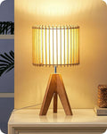 EDISHINE 14.17" Small Table Lamp, Wood Tripod Bedside Lamp, Natural Wood-Colored Hollow & White PVC Shade, E26 Base, Boho Nightstand Lamp for Bedroom, Living Room, Office, Study