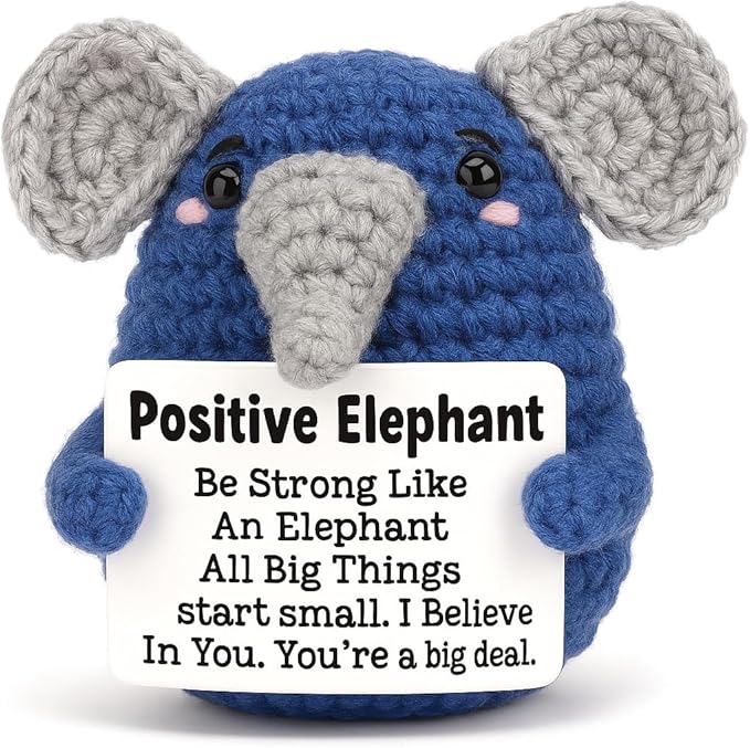Mini Crochet Elephant Gift with Positive Card, Handmade Emotional Support Animal Doll, Cute Cheer Up Encouragement Gift for Women Men Friends, Graduation Birthday Desk Decor