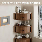 Corner Shelves Wall Cabinet Set of 3, Floating Corner Shelf Organizer with Sliding Doors, Fluted Wall Cabinet for Living Room, Bedroom, Office, Small Space, Walnut (Curved, 15.74“)