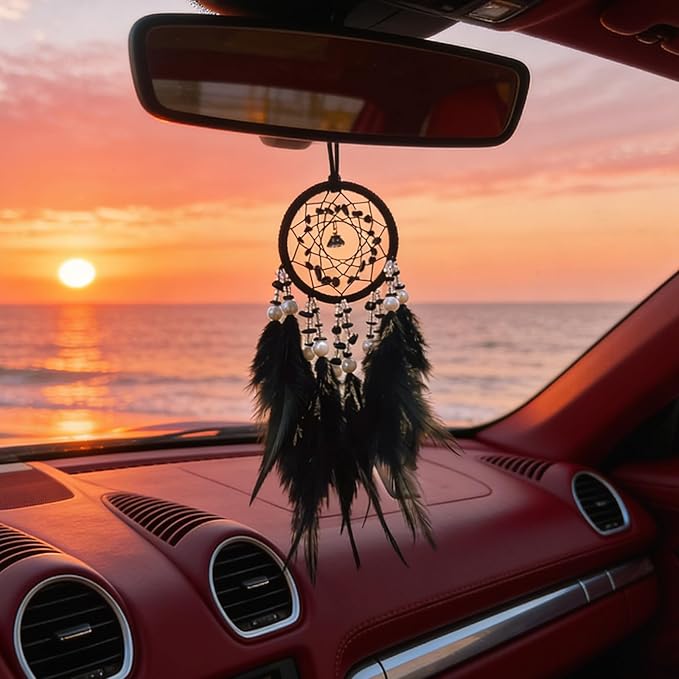 Mini Dream Catcher for Car Rear View Mirror Accessories,Handmade Small Dream Catchers Boho Car Charm Interior Decor（Black）