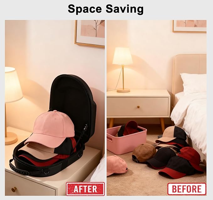 Black hard hat box baseball cap storage box with handle and adjustable shoulder strap suitable for travel and home storage
