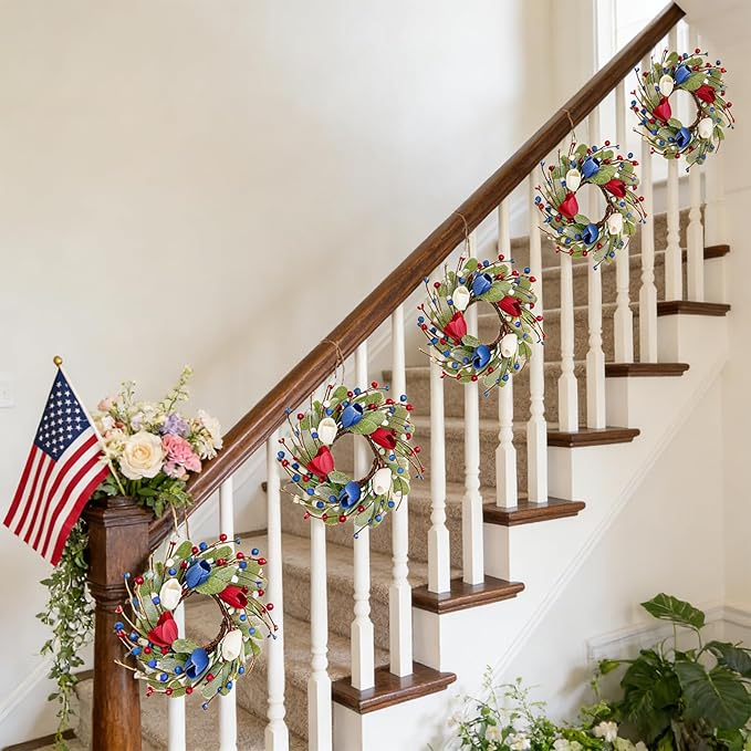 6 Pcs Red White and Blue Patriotic Wreaths, 9 Inch with Sage Green Lamb's Ear, Berry Stems & Tulips | 4th of July Memorial Day Front Door Decor