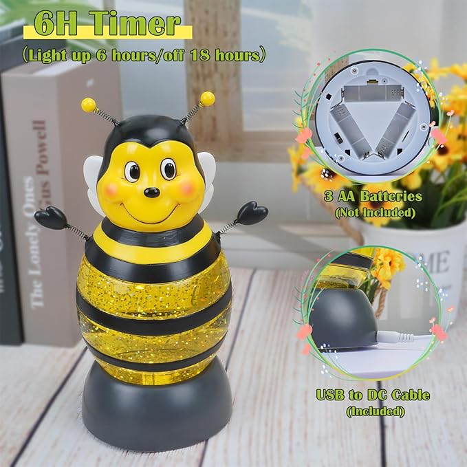 Summer Bee Snow Globe Decor with 6H Timer, Swirling Glitter Bee Snowglobe Spring and Summer Figurine Decorations, USB/Battery Operated, for World Bee Day Spring Holiday Home Decor and Gift