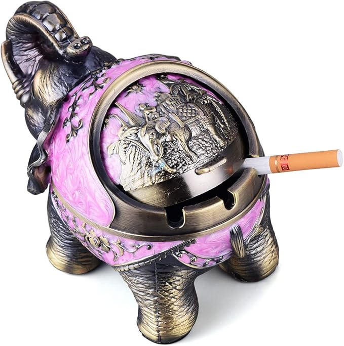LAUYOO Stand Elephant Ashtray with Lid Windproof Metal Ashtrays Outdoor, Indoor Ashtray for Smoking,Vintage Practical Decoration Ash trays for Cigarettes Great Gift for Men Women-Pink