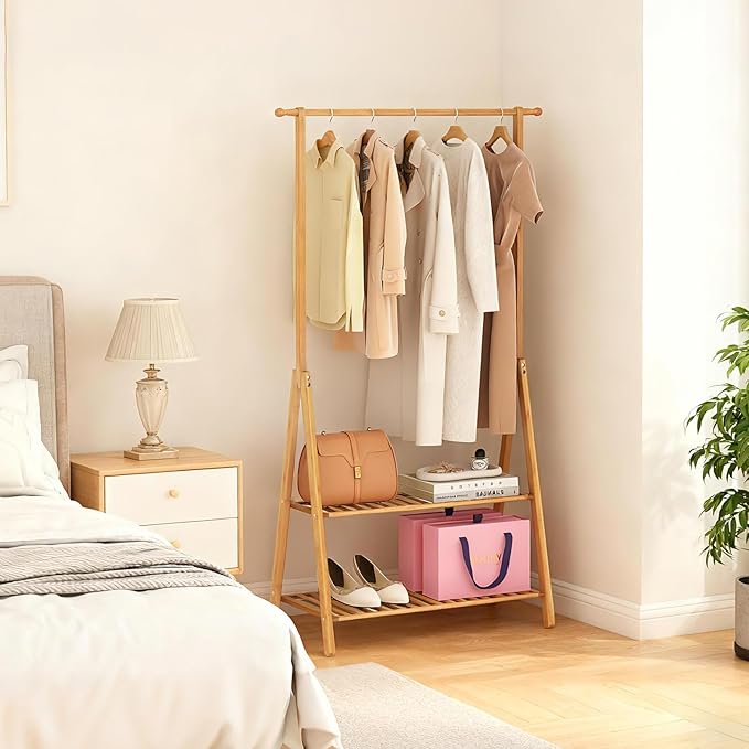 Bamboo Wooden Clothes Rack, Heavy Duty Garment Rack for Hanging Clothes, Freestanding Clothing Rack with 2 Tier Storage Shelves & Side Hooks for Living Room Bedroom Entryway