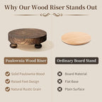 Romadedi Farmhouse Wood Riser for Display- 2 pcs Rustic Decor Mini Wooden Pedestal Decorative Round Tray for Home Table Bathroom Counter Shelf Kitchen, Brown